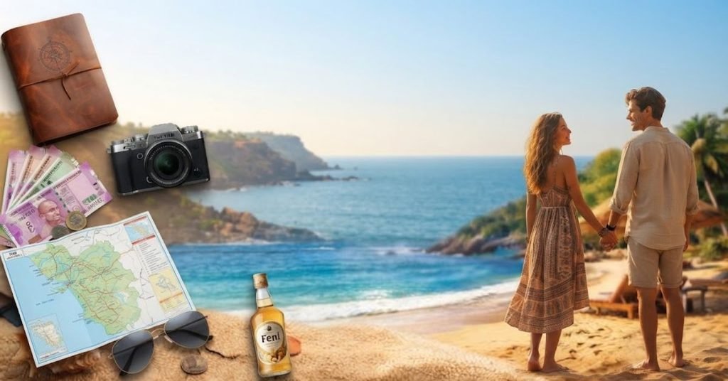 Couple planning vacation expenses with a travel budget