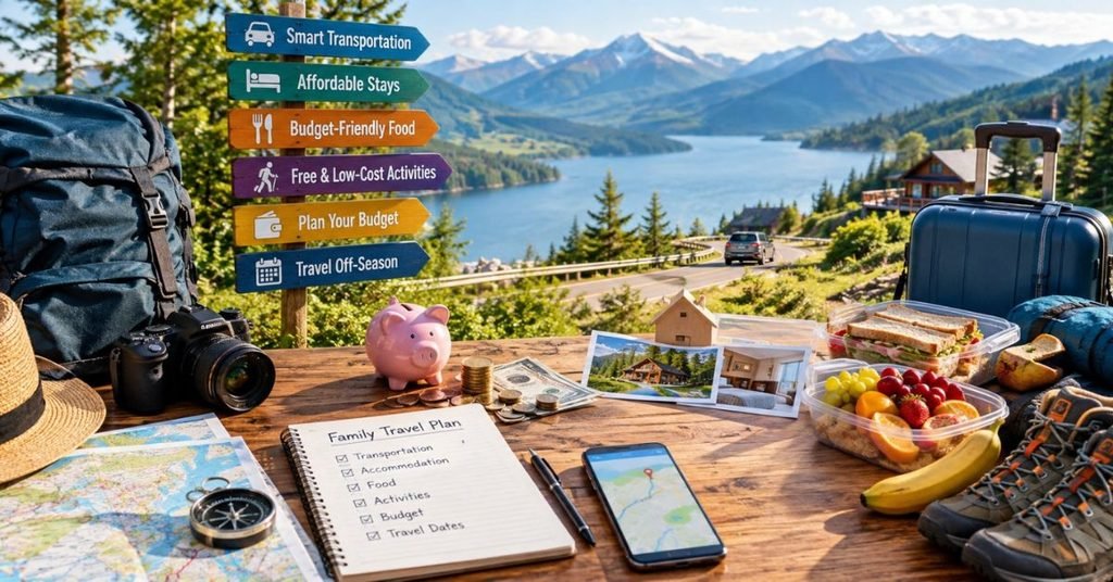 Notebook, calculator, and money representing a simple family vacation budget