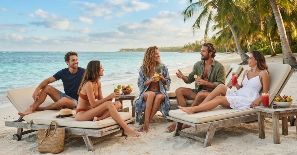 Friends relaxing together beside a tropical beach