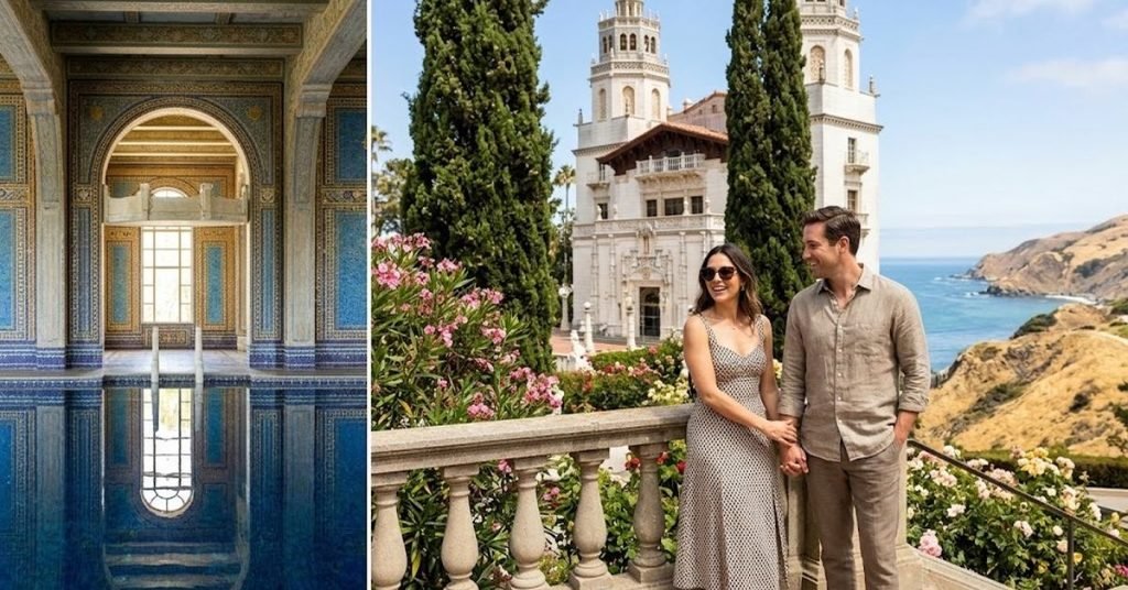 Couple at a California castle balcony