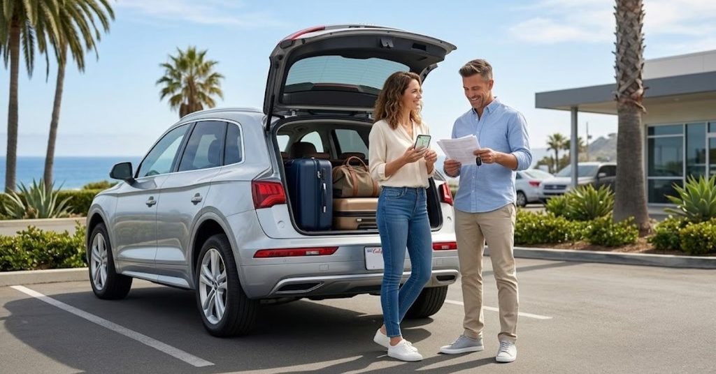 Couple discussing their budget during a California Highway 1 road trip