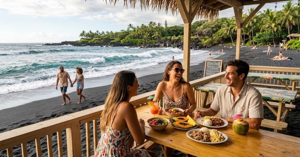 Three people enjoying lunch beside the beach