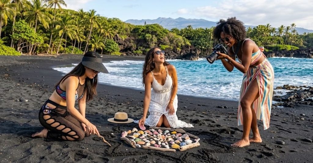 Three girls collecting rocks on a black sand beach